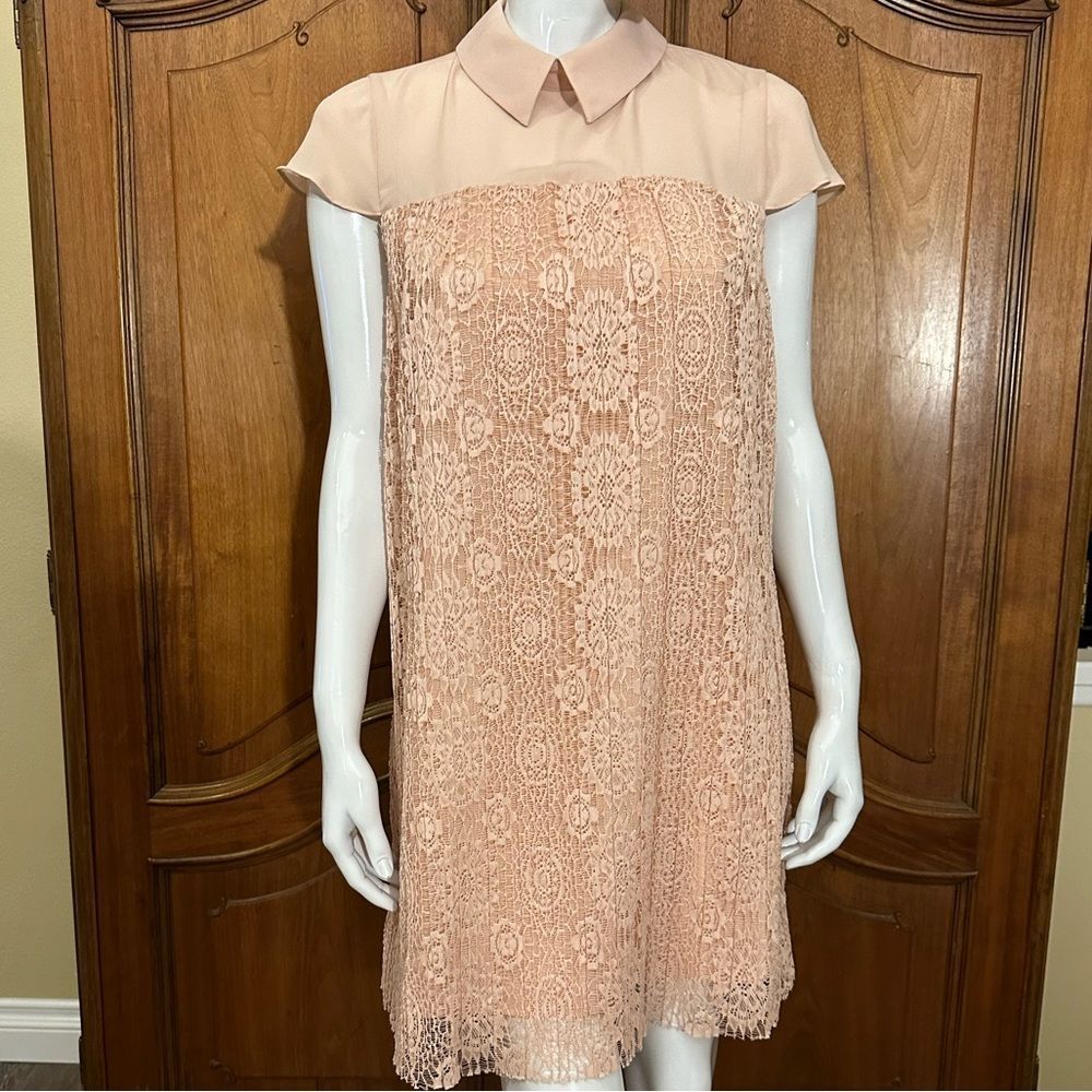 Blush Pink Dress Nanette Lepore Lace Shift Chiffon Collar Yoke Size 4